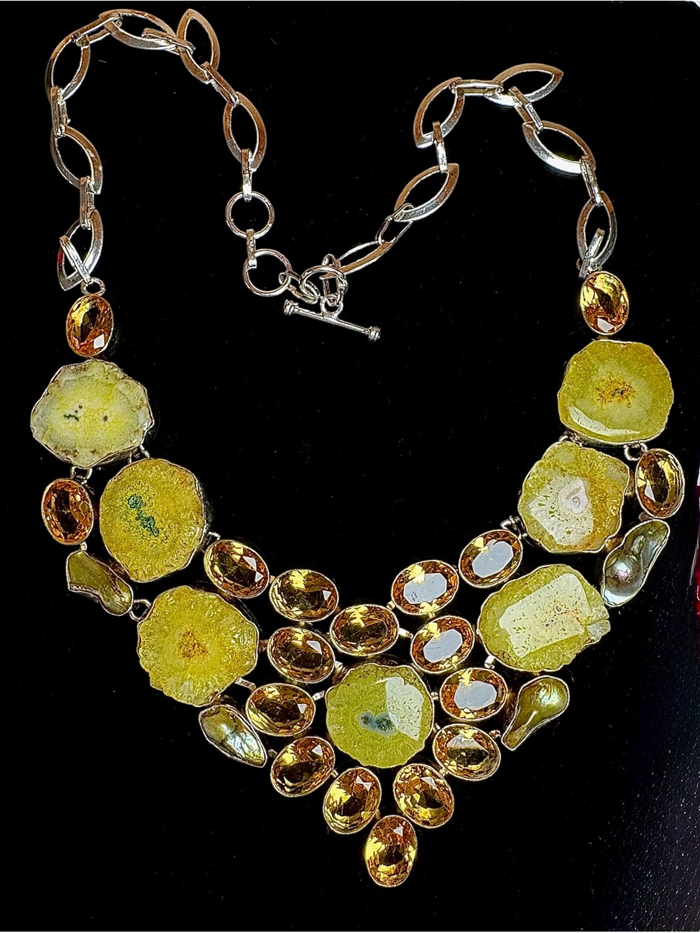 925 BEZELED SOLAR QUARTZ, CITRINE, PEARL Necklace